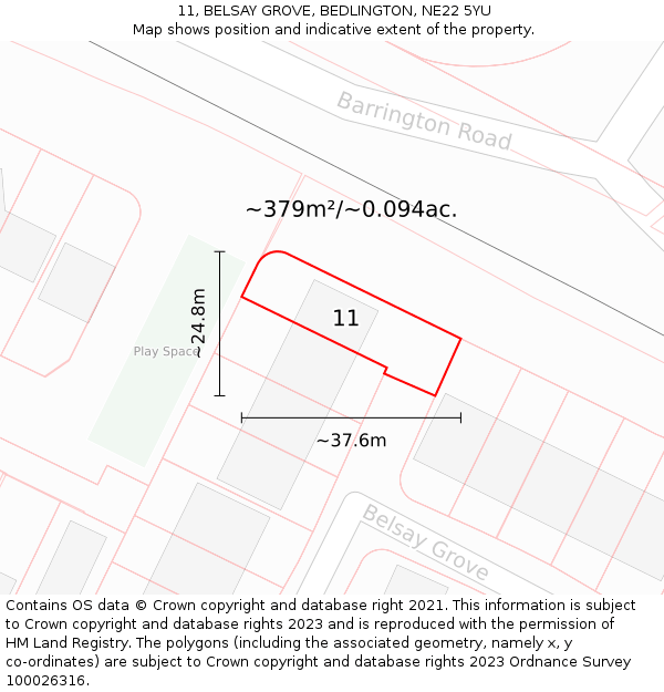 11, BELSAY GROVE, BEDLINGTON, NE22 5YU: Plot and title map