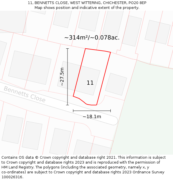 11, BENNETTS CLOSE, WEST WITTERING, CHICHESTER, PO20 8EP: Plot and title map