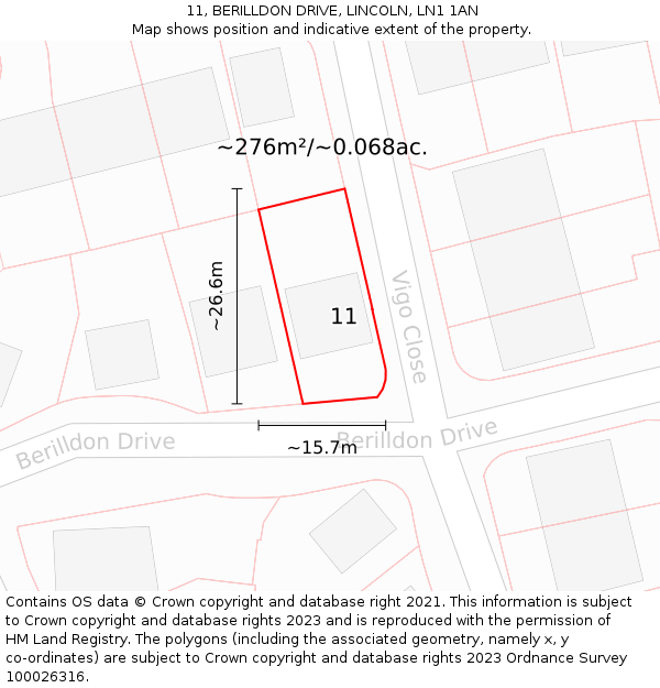 11, BERILLDON DRIVE, LINCOLN, LN1 1AN: Plot and title map