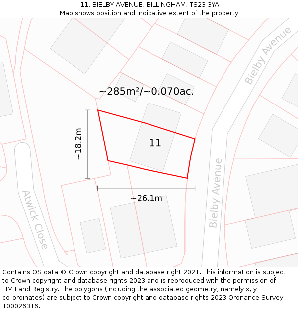 11, BIELBY AVENUE, BILLINGHAM, TS23 3YA: Plot and title map