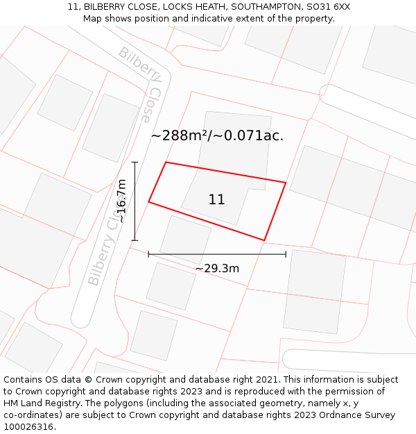 11, BILBERRY CLOSE, LOCKS HEATH, SOUTHAMPTON, SO31 6XX: Plot and title map