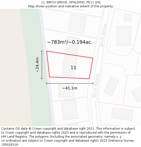 11, BIRCH GROVE, SPALDING, PE11 2HL: Plot and title map
