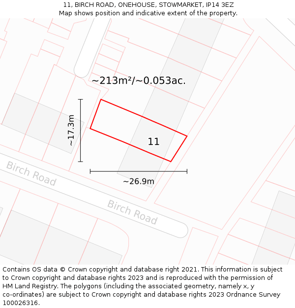 11, BIRCH ROAD, ONEHOUSE, STOWMARKET, IP14 3EZ: Plot and title map