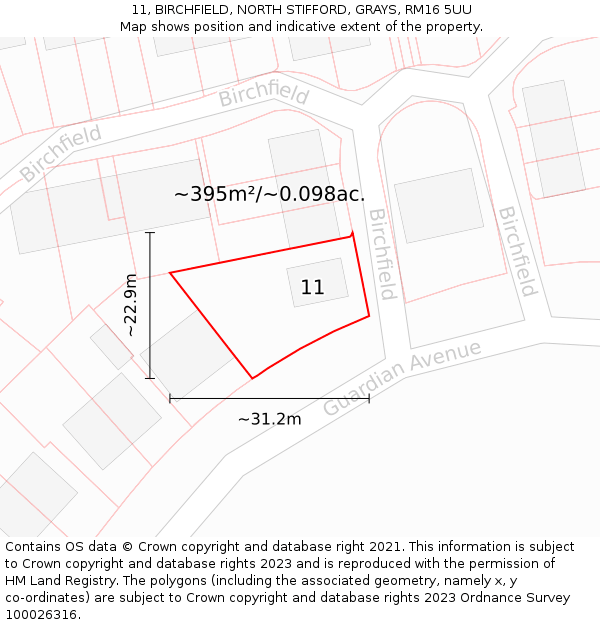 11, BIRCHFIELD, NORTH STIFFORD, GRAYS, RM16 5UU: Plot and title map