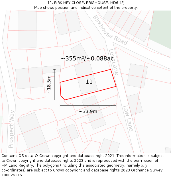 11, BIRK HEY CLOSE, BRIGHOUSE, HD6 4FJ: Plot and title map