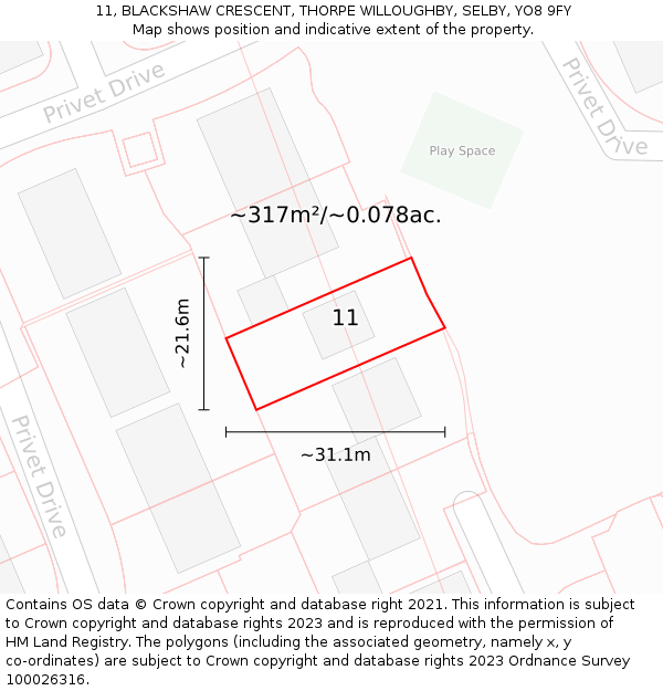 11, BLACKSHAW CRESCENT, THORPE WILLOUGHBY, SELBY, YO8 9FY: Plot and title map