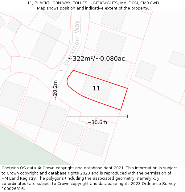 11, BLACKTHORN WAY, TOLLESHUNT KNIGHTS, MALDON, CM9 8WD: Plot and title map