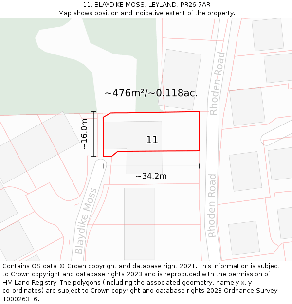 11, BLAYDIKE MOSS, LEYLAND, PR26 7AR: Plot and title map