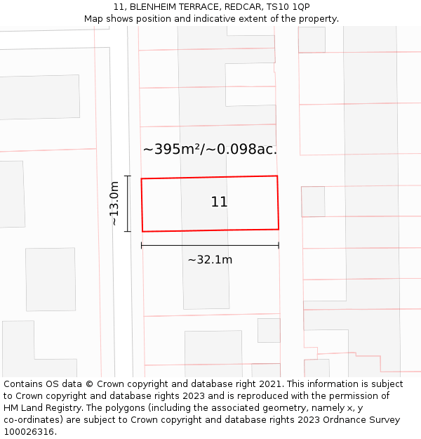 11, BLENHEIM TERRACE, REDCAR, TS10 1QP: Plot and title map