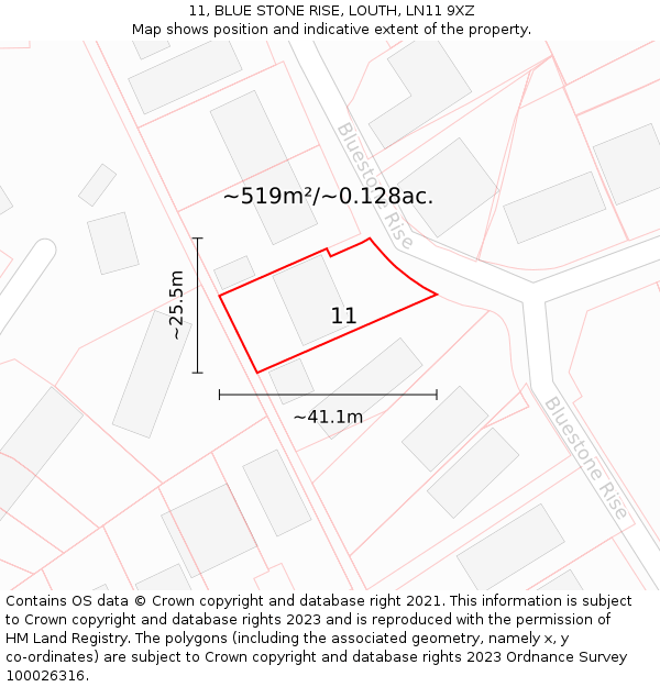 11, BLUE STONE RISE, LOUTH, LN11 9XZ: Plot and title map