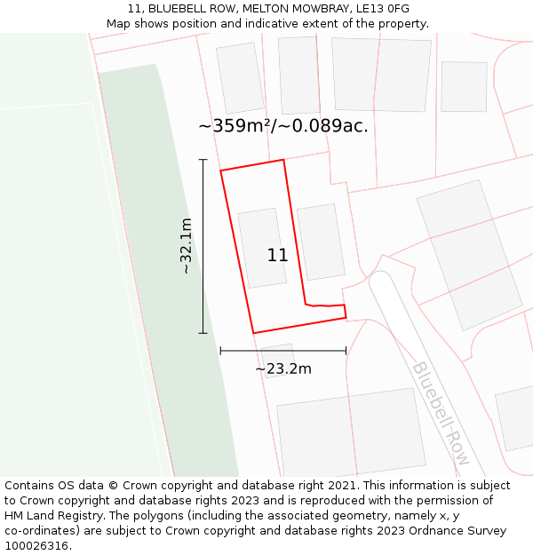 11, BLUEBELL ROW, MELTON MOWBRAY, LE13 0FG: Plot and title map