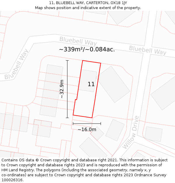 11, BLUEBELL WAY, CARTERTON, OX18 1JY: Plot and title map