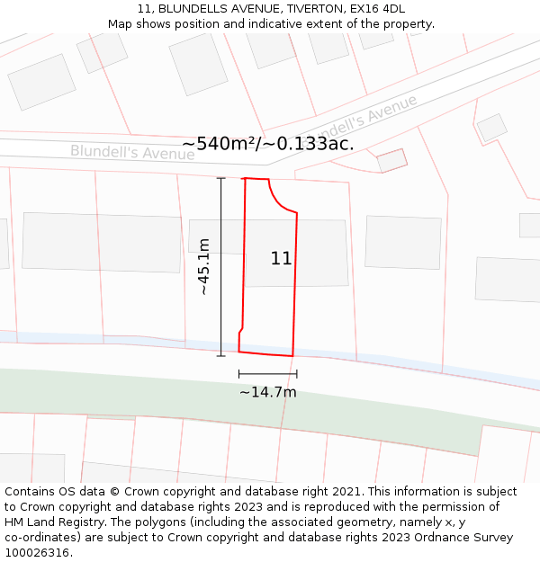 11, BLUNDELLS AVENUE, TIVERTON, EX16 4DL: Plot and title map