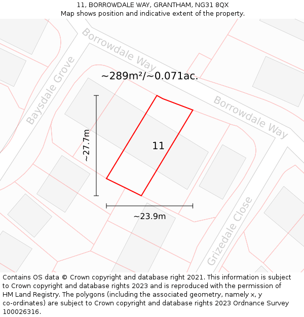 11, BORROWDALE WAY, GRANTHAM, NG31 8QX: Plot and title map