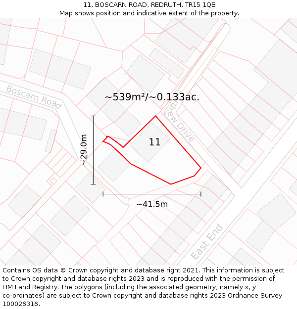 11, BOSCARN ROAD, REDRUTH, TR15 1QB: Plot and title map