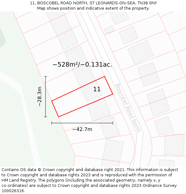 11, BOSCOBEL ROAD NORTH, ST LEONARDS-ON-SEA, TN38 0NY: Plot and title map