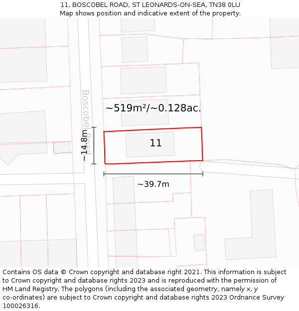 11, BOSCOBEL ROAD, ST LEONARDS-ON-SEA, TN38 0LU: Plot and title map