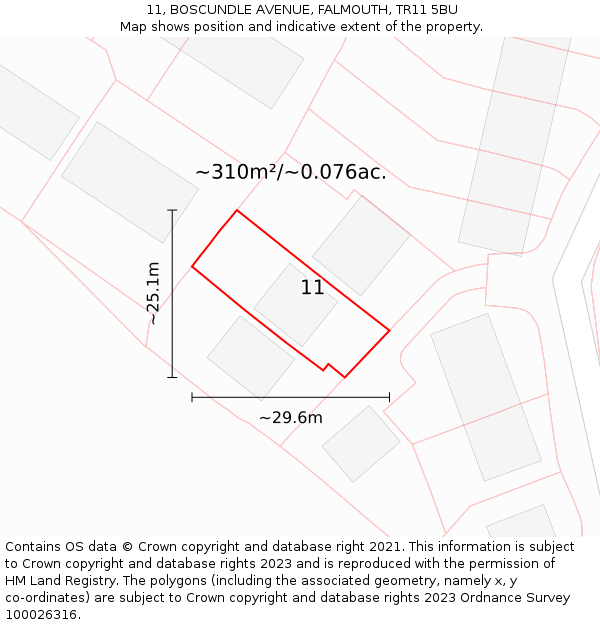 11, BOSCUNDLE AVENUE, FALMOUTH, TR11 5BU: Plot and title map