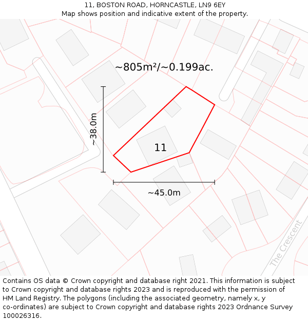 11, BOSTON ROAD, HORNCASTLE, LN9 6EY: Plot and title map