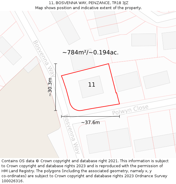 11, BOSVENNA WAY, PENZANCE, TR18 3JZ: Plot and title map