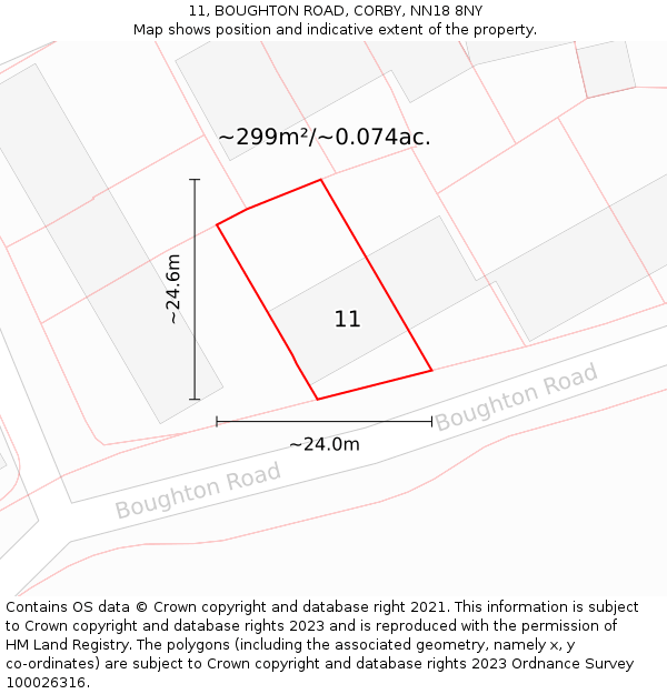 11, BOUGHTON ROAD, CORBY, NN18 8NY: Plot and title map