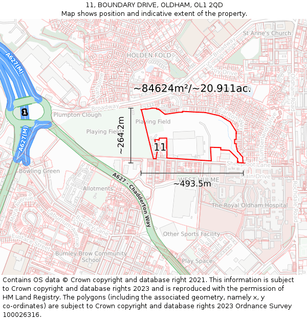 11, BOUNDARY DRIVE, OLDHAM, OL1 2QD: Plot and title map