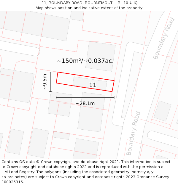 11, BOUNDARY ROAD, BOURNEMOUTH, BH10 4HQ: Plot and title map