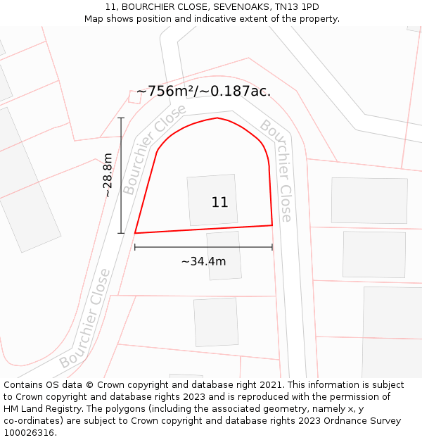 11, BOURCHIER CLOSE, SEVENOAKS, TN13 1PD: Plot and title map