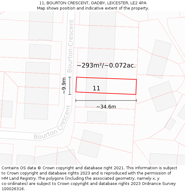 11, BOURTON CRESCENT, OADBY, LEICESTER, LE2 4PA: Plot and title map