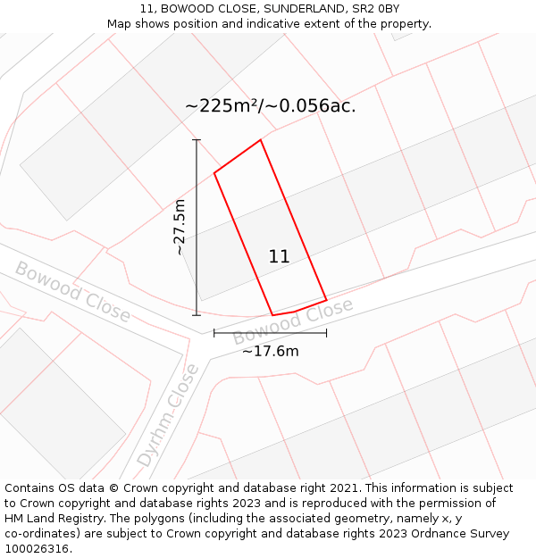 11, BOWOOD CLOSE, SUNDERLAND, SR2 0BY: Plot and title map