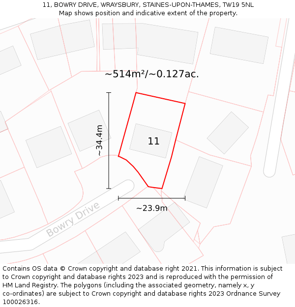 11, BOWRY DRIVE, WRAYSBURY, STAINES-UPON-THAMES, TW19 5NL: Plot and title map