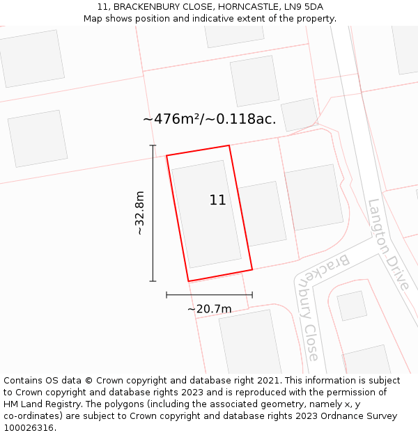 11, BRACKENBURY CLOSE, HORNCASTLE, LN9 5DA: Plot and title map