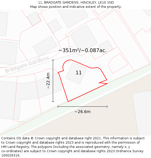 11, BRADGATE GARDENS, HINCKLEY, LE10 1ND: Plot and title map