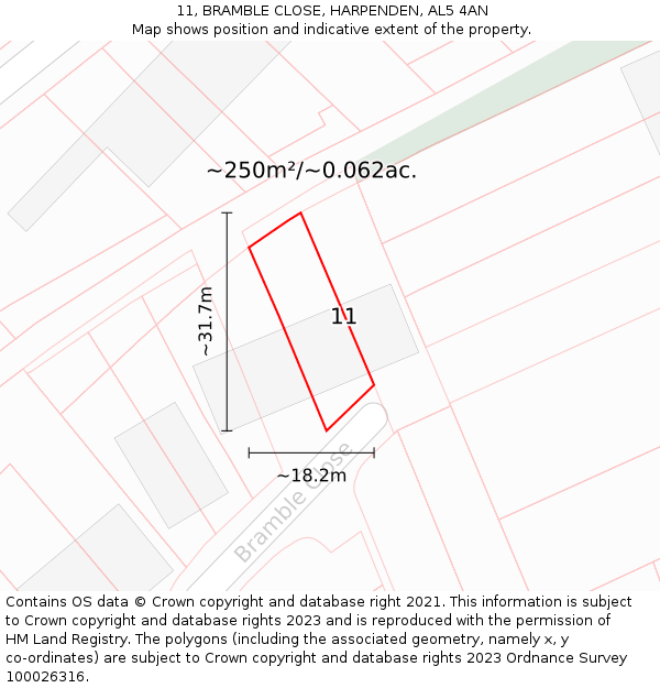 11, BRAMBLE CLOSE, HARPENDEN, AL5 4AN: Plot and title map