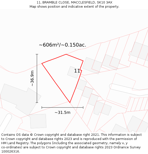 11, BRAMBLE CLOSE, MACCLESFIELD, SK10 3AX: Plot and title map