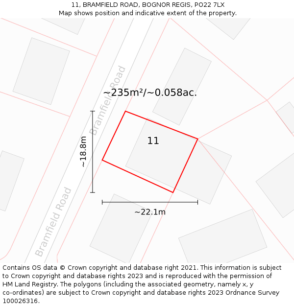 11, BRAMFIELD ROAD, BOGNOR REGIS, PO22 7LX: Plot and title map