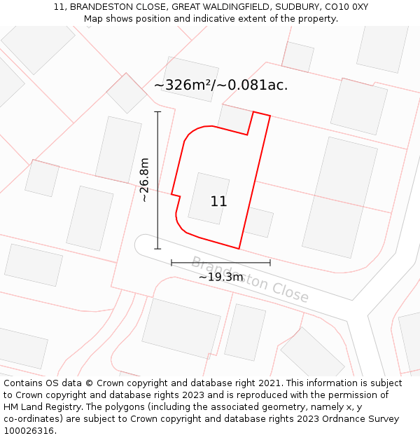 11, BRANDESTON CLOSE, GREAT WALDINGFIELD, SUDBURY, CO10 0XY: Plot and title map