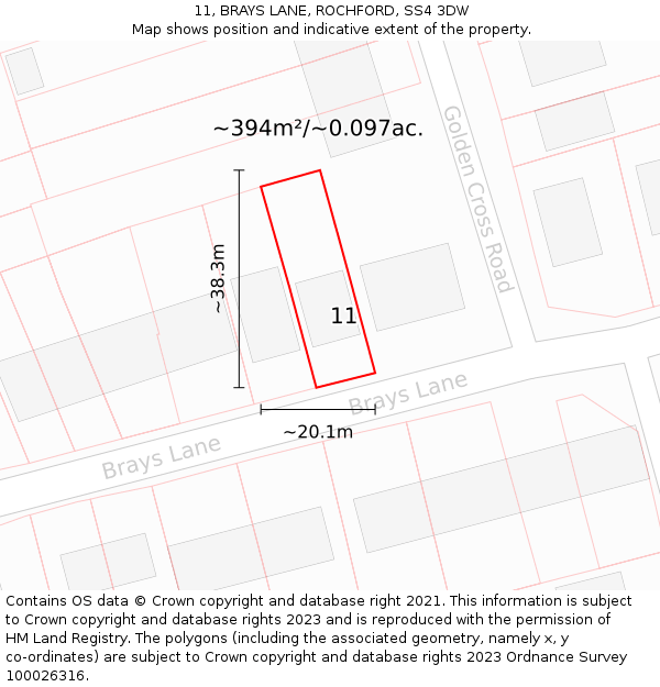 11, BRAYS LANE, ROCHFORD, SS4 3DW: Plot and title map