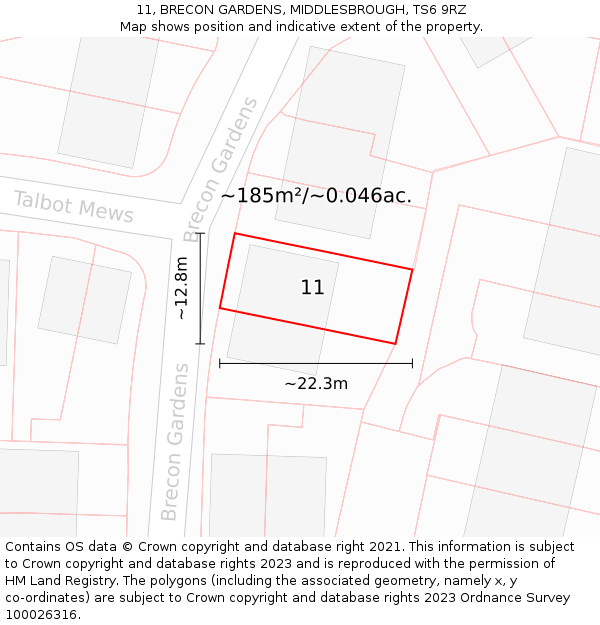 11, BRECON GARDENS, MIDDLESBROUGH, TS6 9RZ: Plot and title map