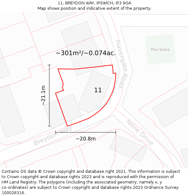11, BREYDON WAY, IPSWICH, IP3 9GA: Plot and title map