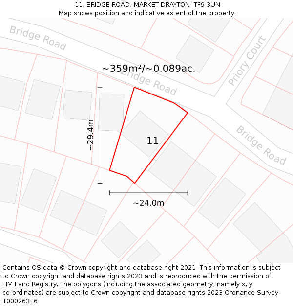 11, BRIDGE ROAD, MARKET DRAYTON, TF9 3UN: Plot and title map