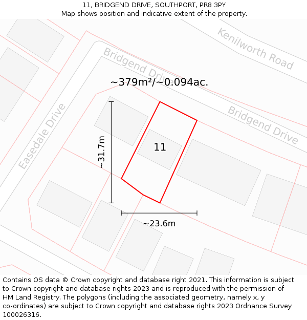 11, BRIDGEND DRIVE, SOUTHPORT, PR8 3PY: Plot and title map