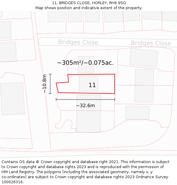 11, BRIDGES CLOSE, HORLEY, RH6 9SG: Plot and title map