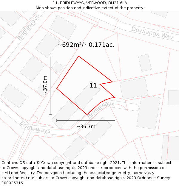 11, BRIDLEWAYS, VERWOOD, BH31 6LA: Plot and title map