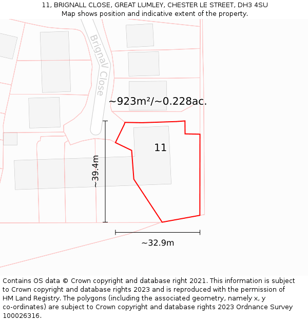 11, BRIGNALL CLOSE, GREAT LUMLEY, CHESTER LE STREET, DH3 4SU: Plot and title map
