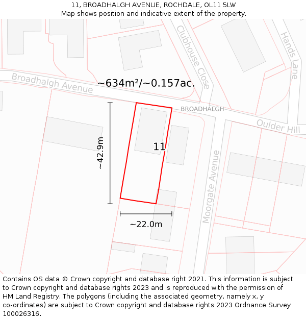 11, BROADHALGH AVENUE, ROCHDALE, OL11 5LW: Plot and title map