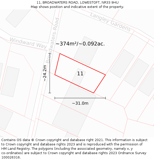 11, BROADWATERS ROAD, LOWESTOFT, NR33 9HU: Plot and title map