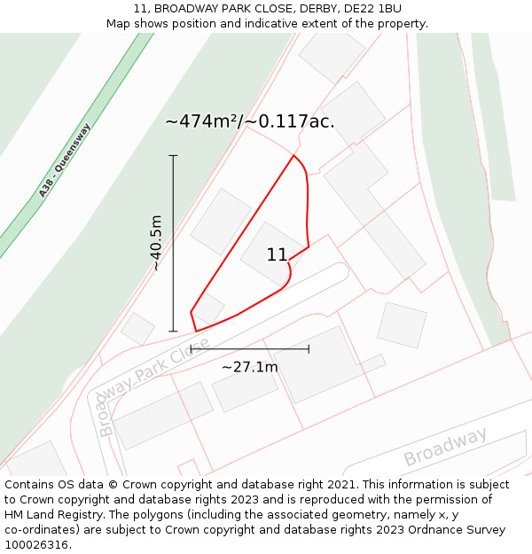 11, BROADWAY PARK CLOSE, DERBY, DE22 1BU: Plot and title map