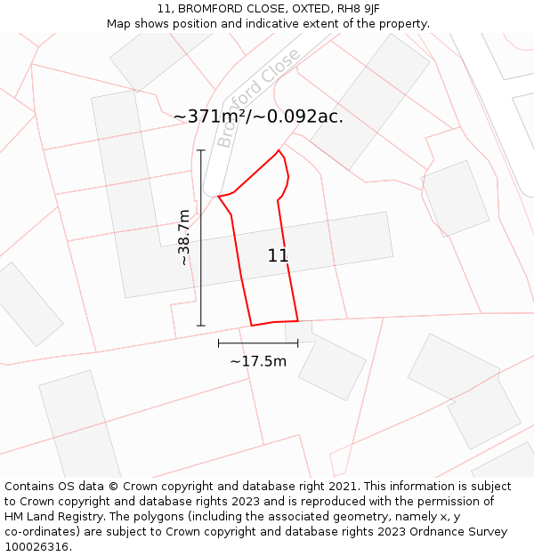 11, BROMFORD CLOSE, OXTED, RH8 9JF: Plot and title map