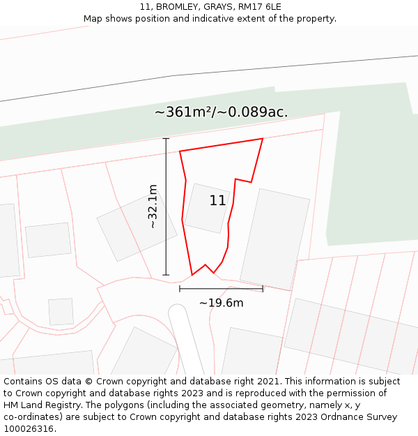 11, BROMLEY, GRAYS, RM17 6LE: Plot and title map